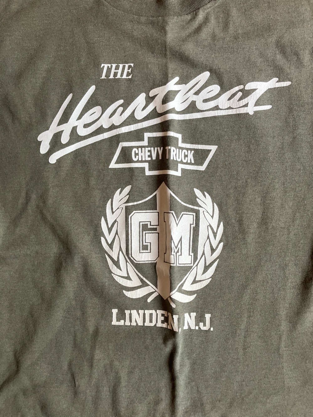 The Heartbeat Chevy Truck GM Olive with White Print vintage made in USA